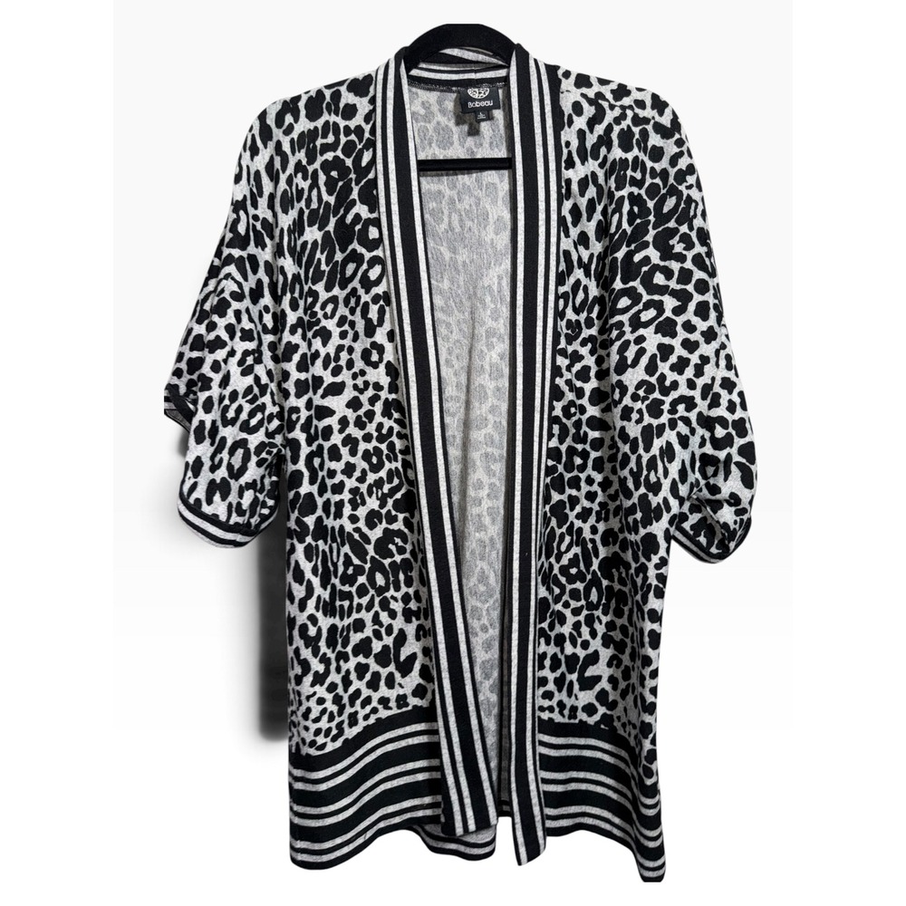 Bobeau Womens Gray Black Leopard Print Open Front Cardigan Striped Trim Size L